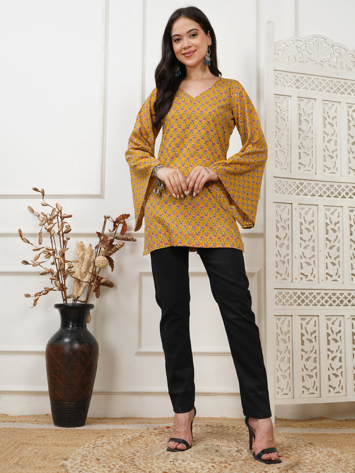 Helia Yellow Handblock Short Kurti