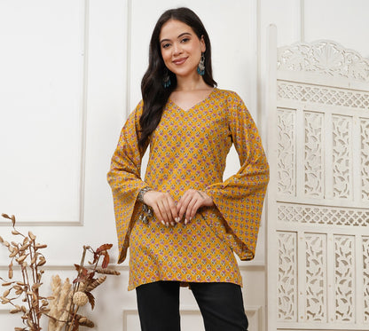 Helia Yellow Handblock Short Kurti