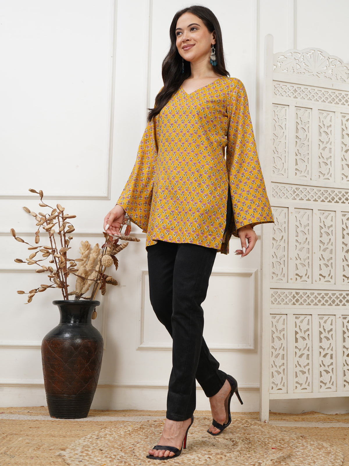 Helia Yellow Handblock Short Kurti