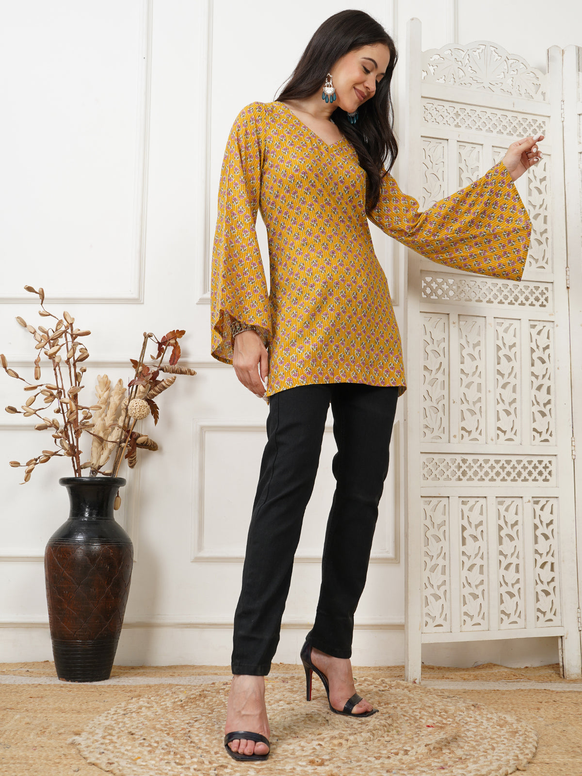 Helia Yellow Handblock Short Kurti
