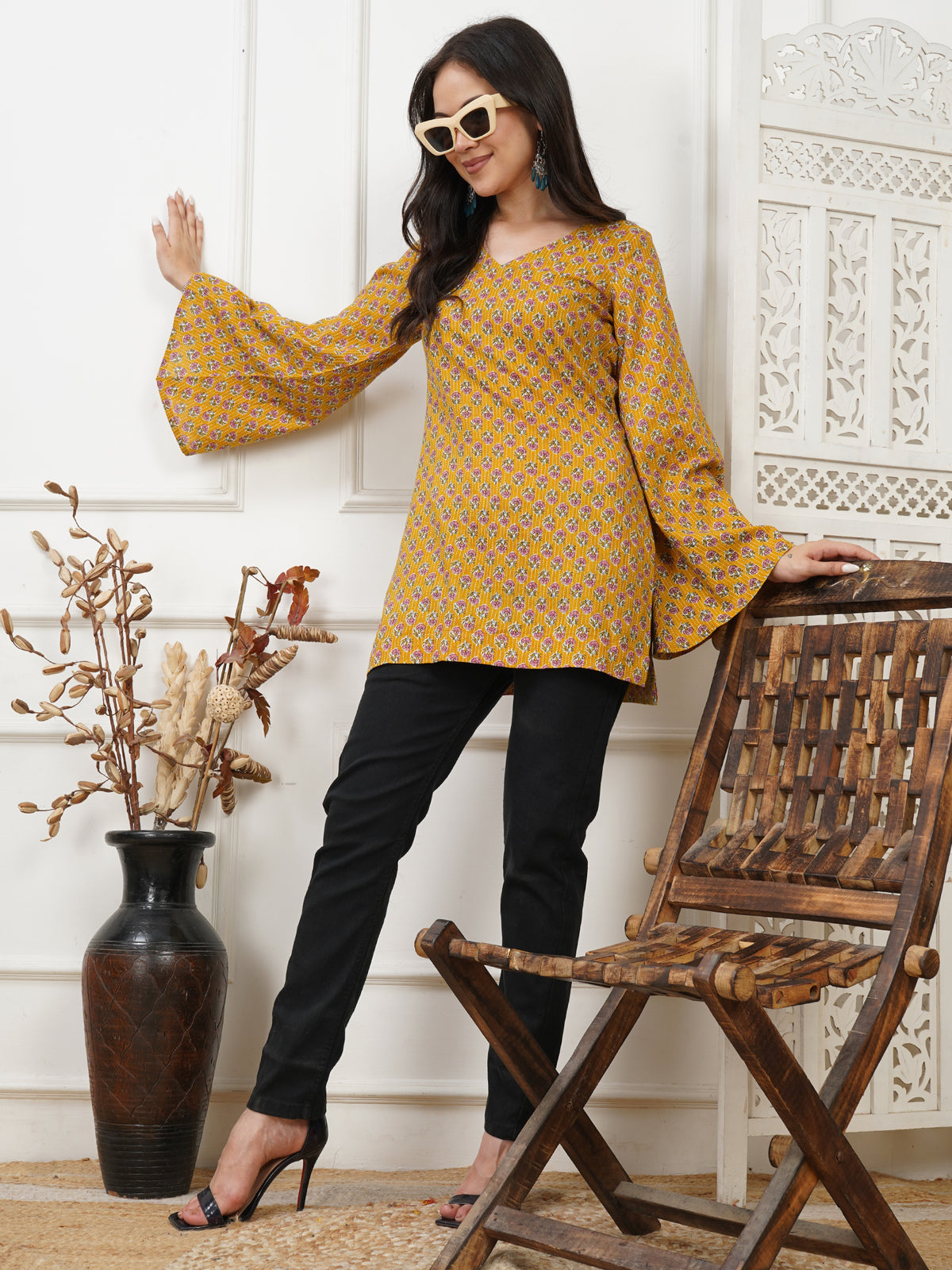 Helia Yellow Handblock Short Kurti