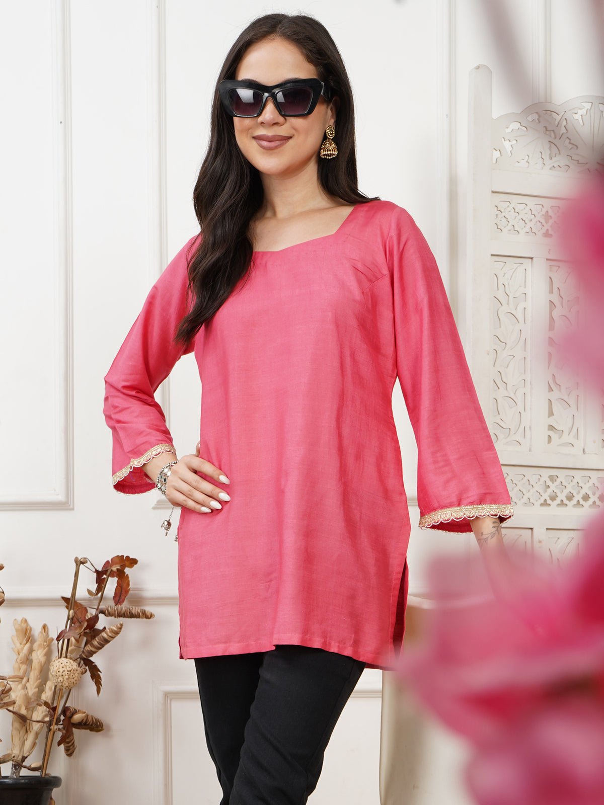 Ayna Coral Handwoven Cotton Silk Short Kurti