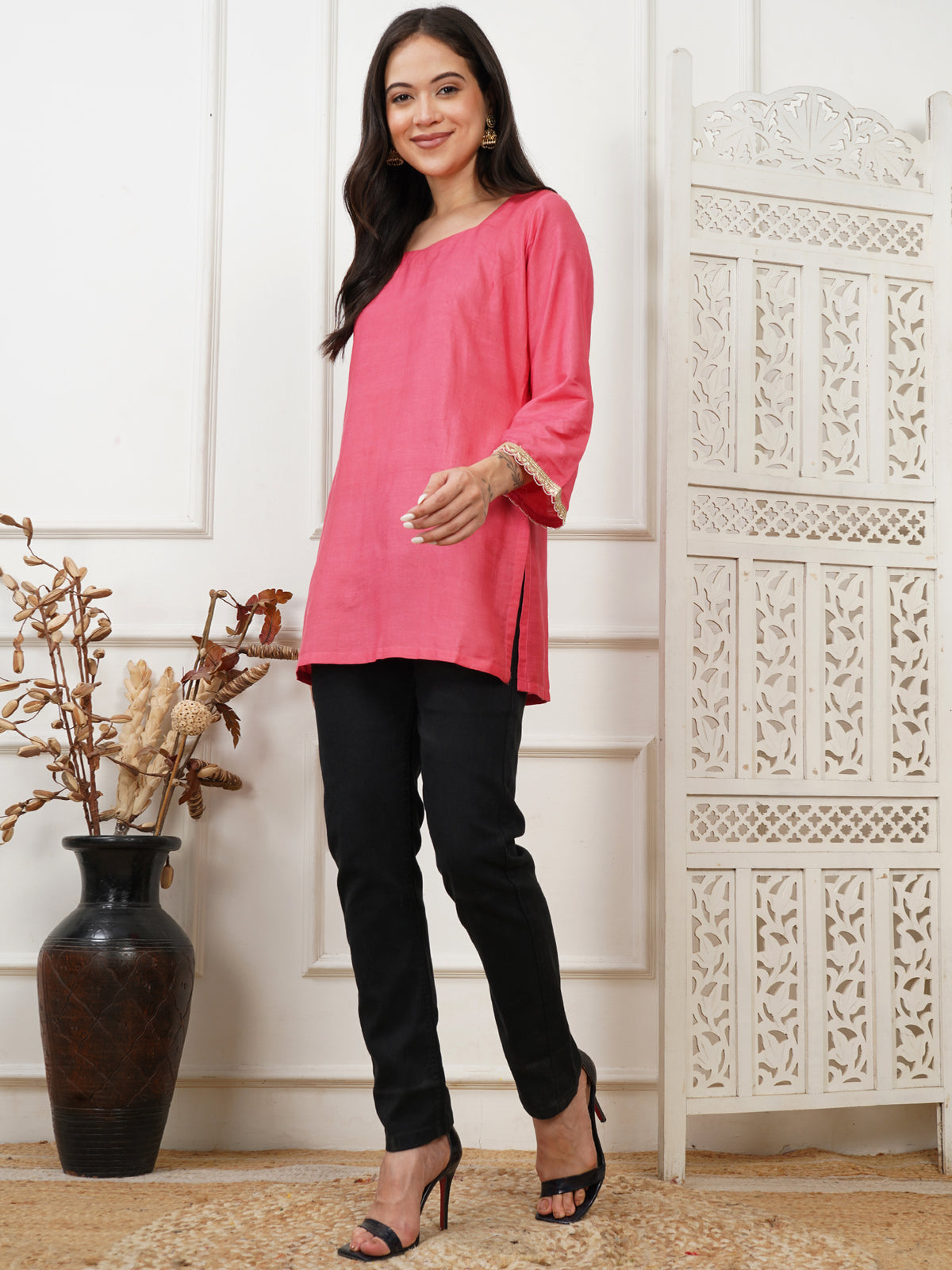 Ayna Coral Handwoven Cotton Silk Short Kurti