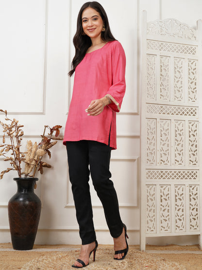 Ayna Coral Handwoven Cotton Silk Short Kurti