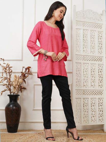 Ayna Coral Handwoven Cotton Silk Short Kurti