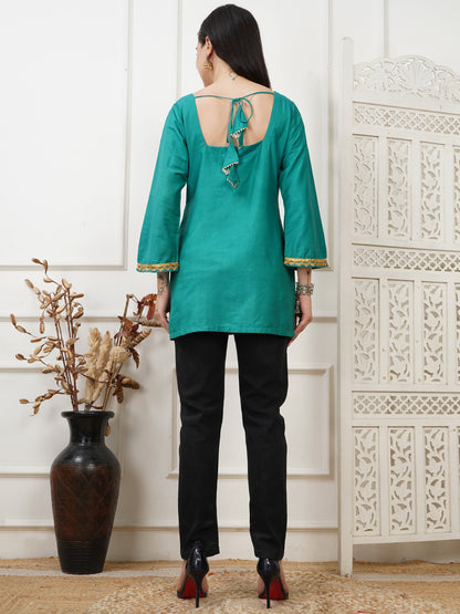 Aria Teal Handwoven Cotton Silk Short Kurti