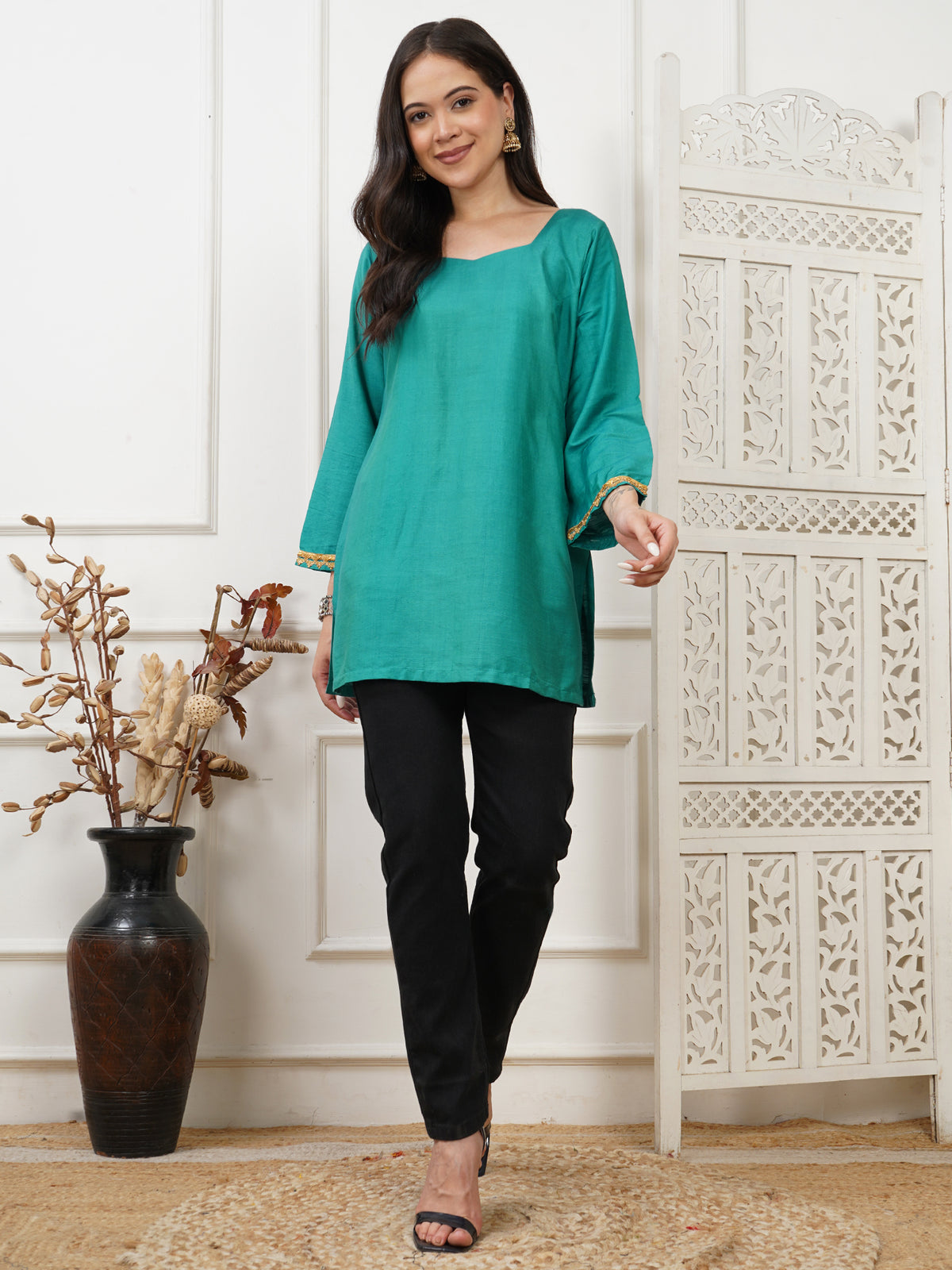 Aria Teal Handwoven Cotton Silk Short Kurti