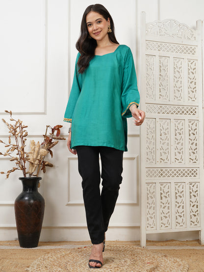 Aria Teal Handwoven Cotton Silk Short Kurti