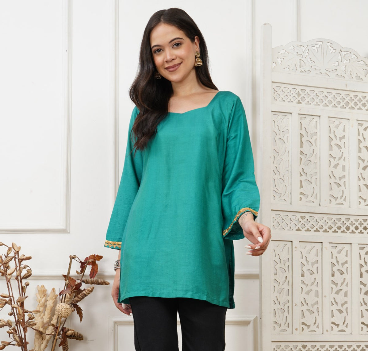 Aria Teal Handwoven Cotton Silk Short Kurti