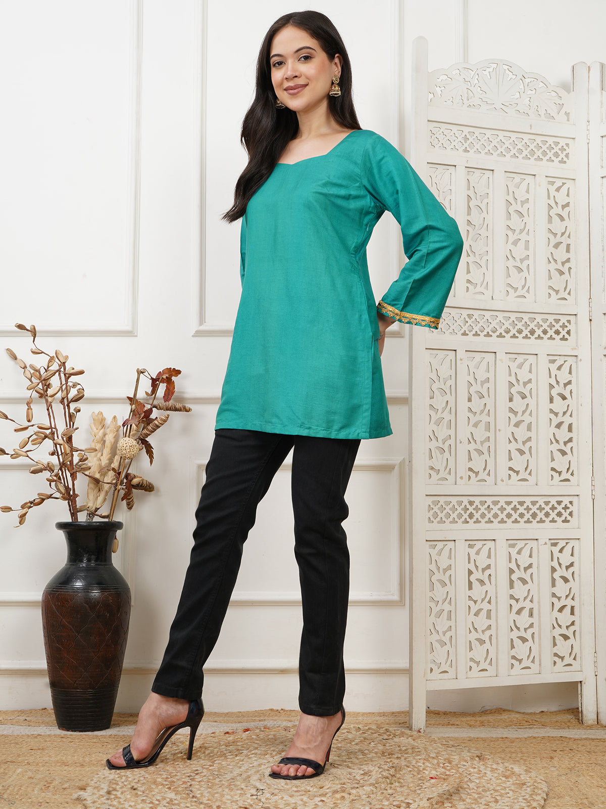 Aria Teal Handwoven Cotton Silk Short Kurti