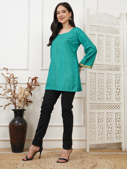 Aria Teal Handwoven Cotton Silk Short Kurti