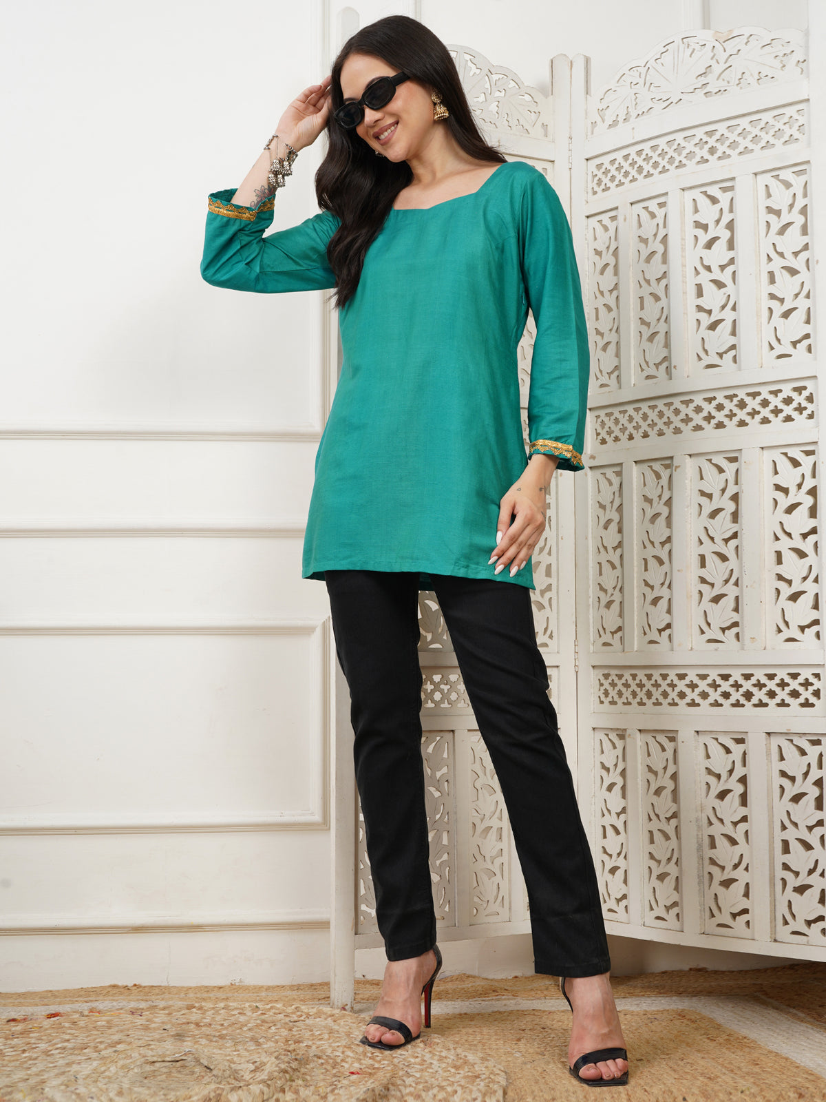 Aria Teal Handwoven Cotton Silk Short Kurti