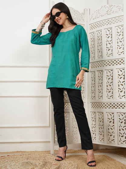 Aria Teal Handwoven Cotton Silk Short Kurti