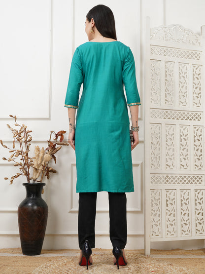 Aarohi Teal Cotton Silk Long Kurta
