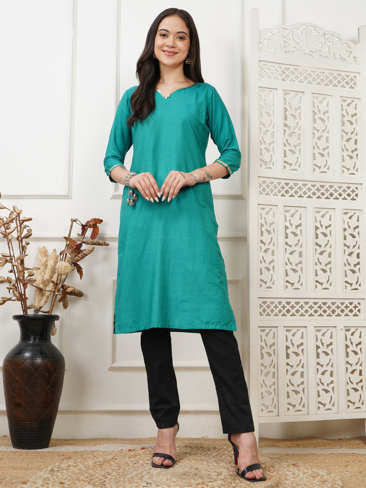Aarohi Teal Cotton Silk Long Kurta