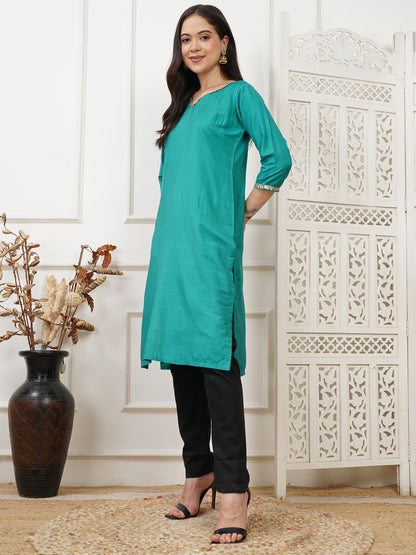 Aarohi Teal Cotton Silk Long Kurta