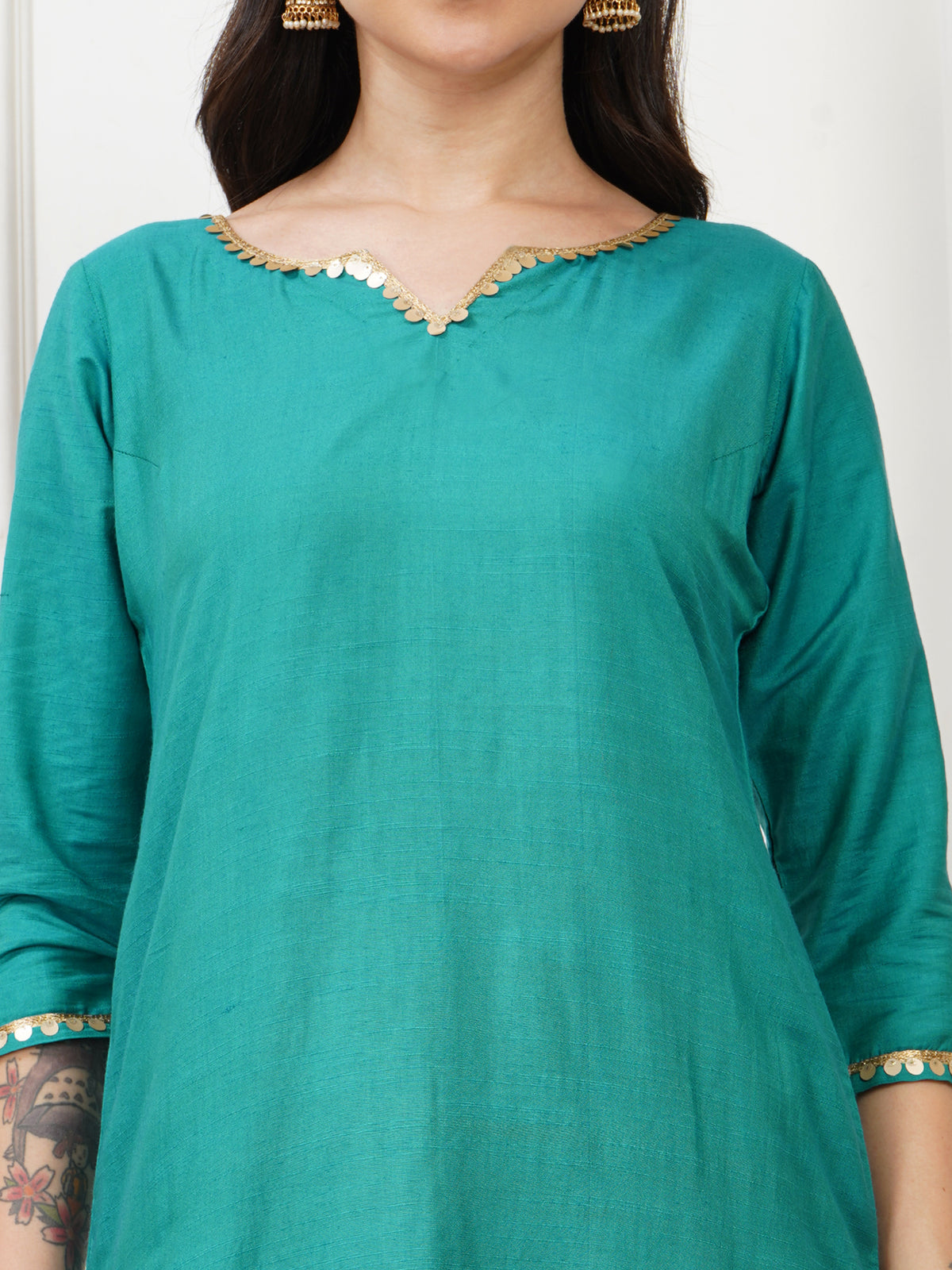Aarohi Teal Cotton Silk Long Kurta