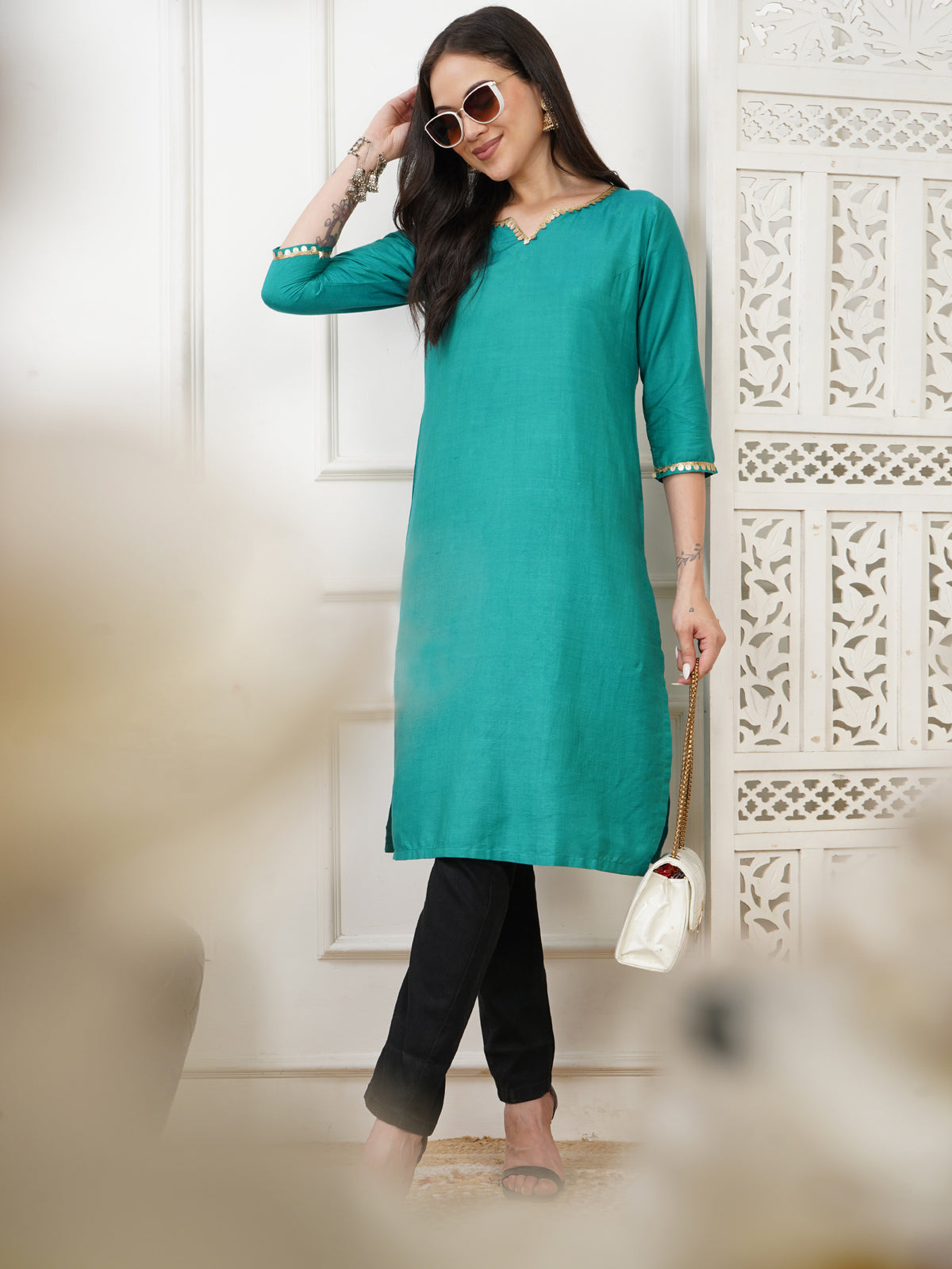 Aarohi Teal Cotton Silk Long Kurta