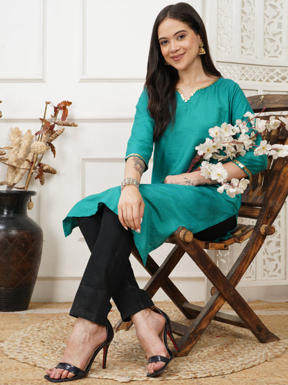 Aarohi Teal Cotton Silk Long Kurta