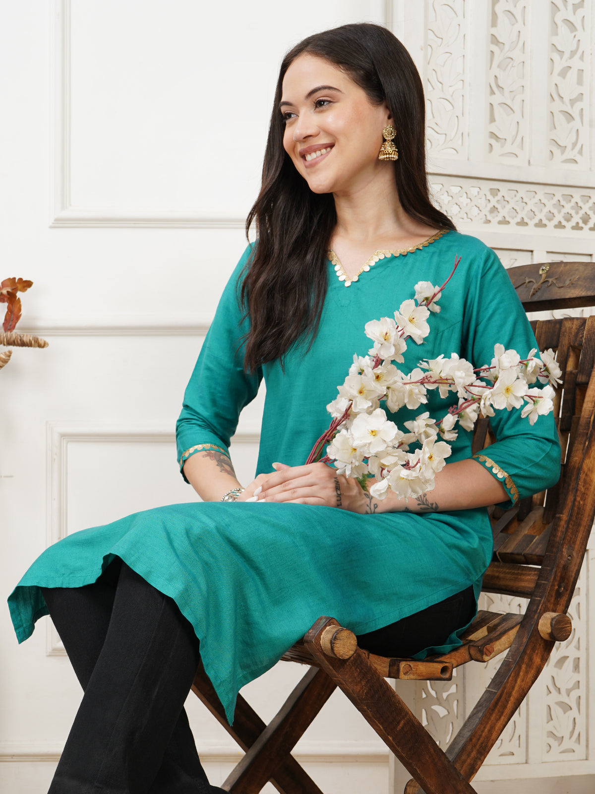 Aarohi Teal Cotton Silk Long Kurta