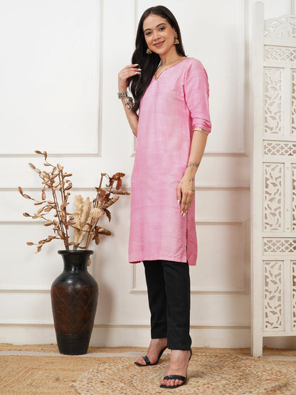 Menka Pink Cotton Silk Long Kurta