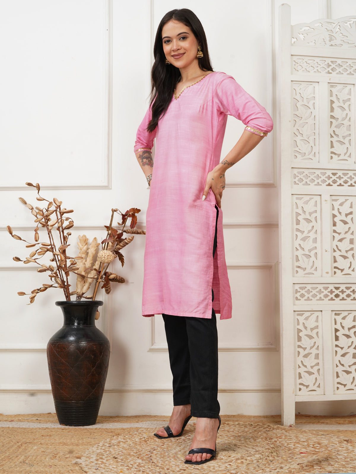 Menka Pink Cotton Silk Long Kurta