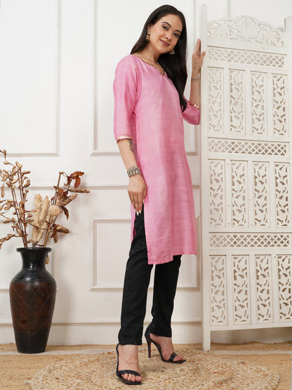 Menka Pink Cotton Silk Long Kurta