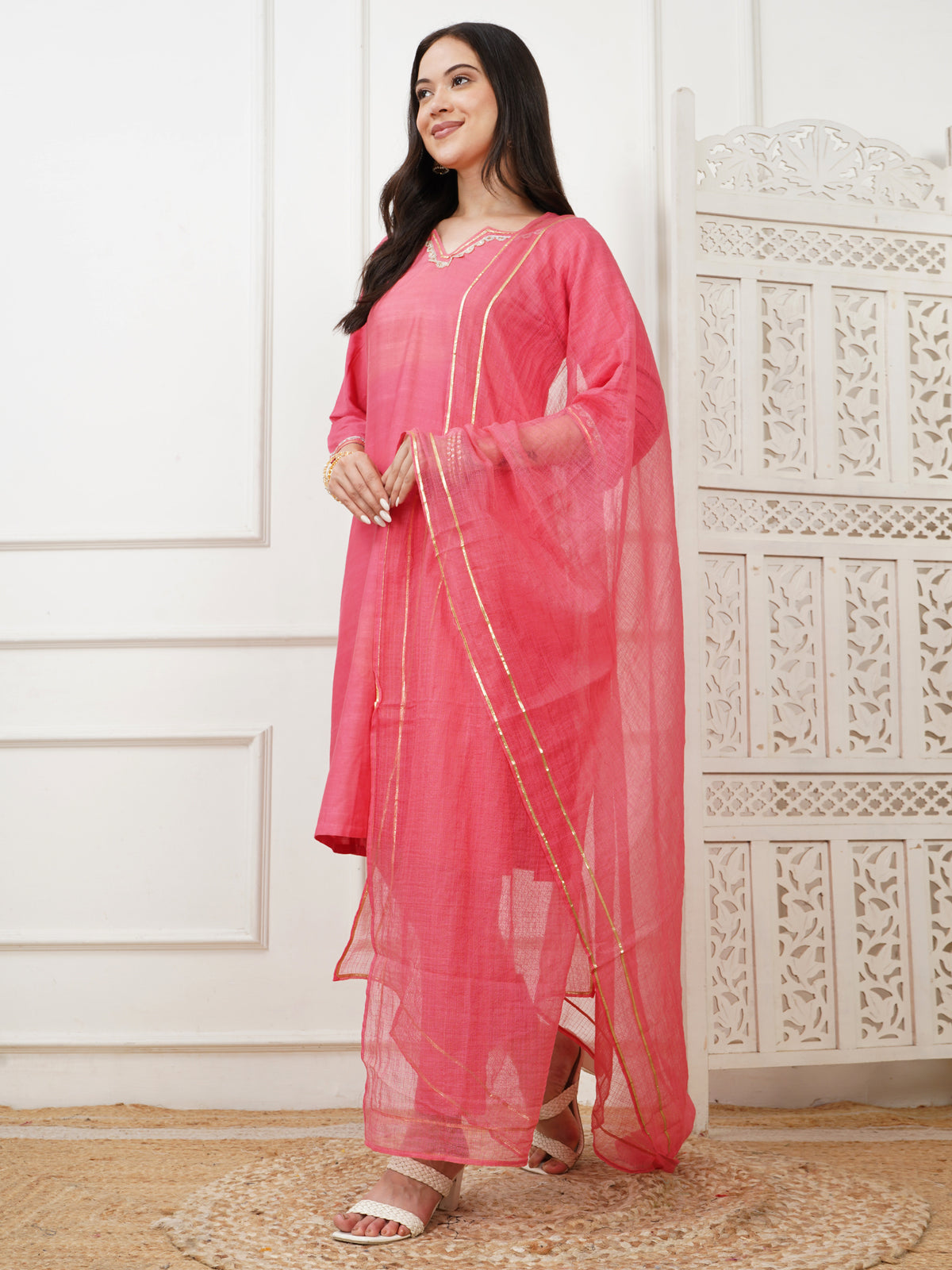 Ananya Coral Cotton Silk Kurta Set