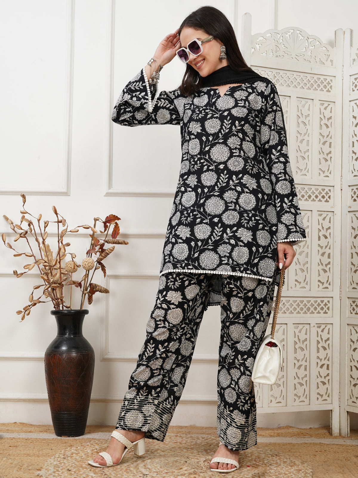 Shama Black Handblock Farshi Set