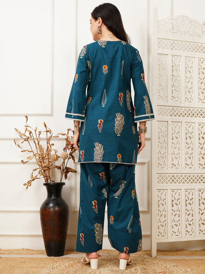 Aila Blue Handblock Farshi Co-ord Set