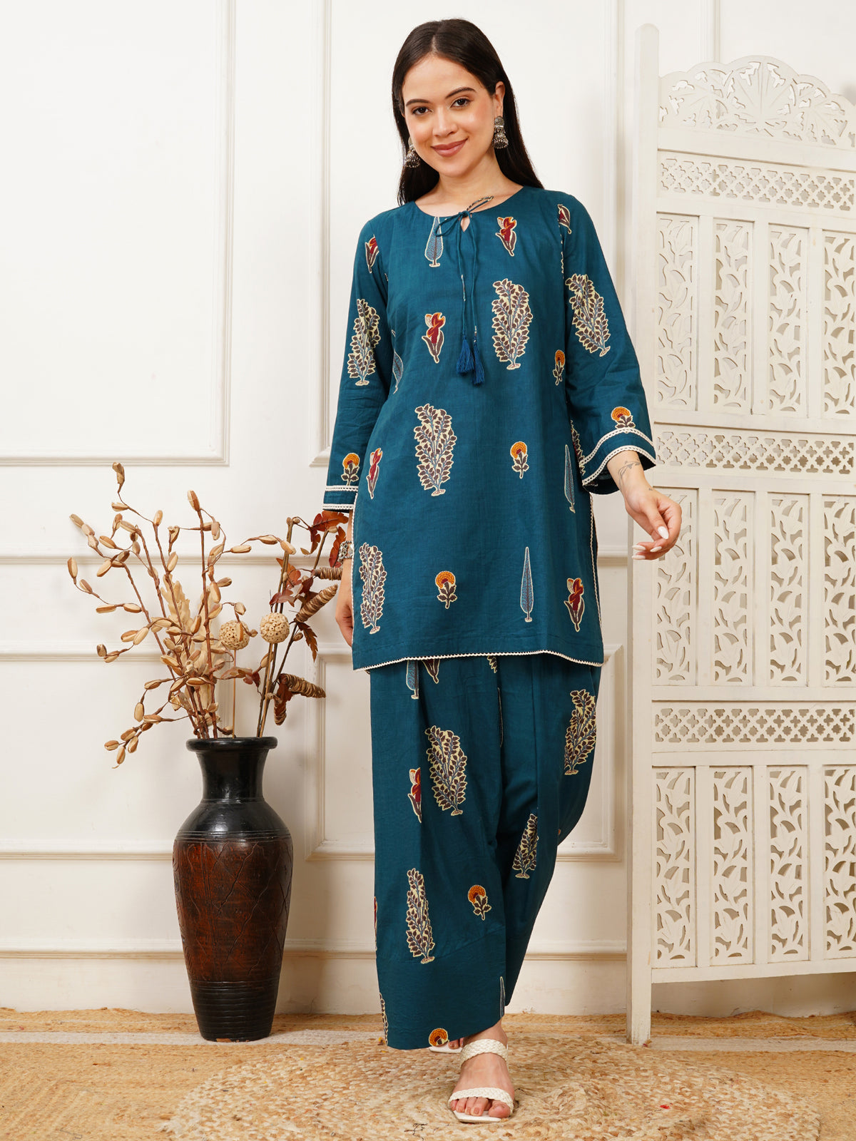 Aila Blue Handblock Farshi Co-ord Set