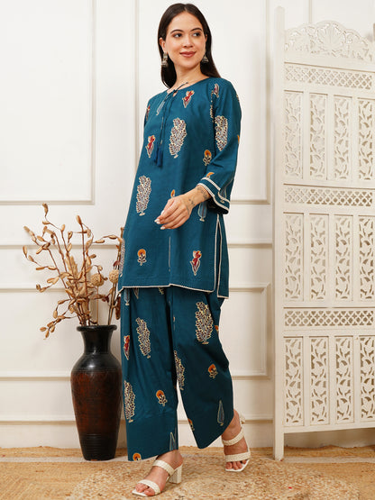 Aila Blue Handblock Farshi Co-ord Set