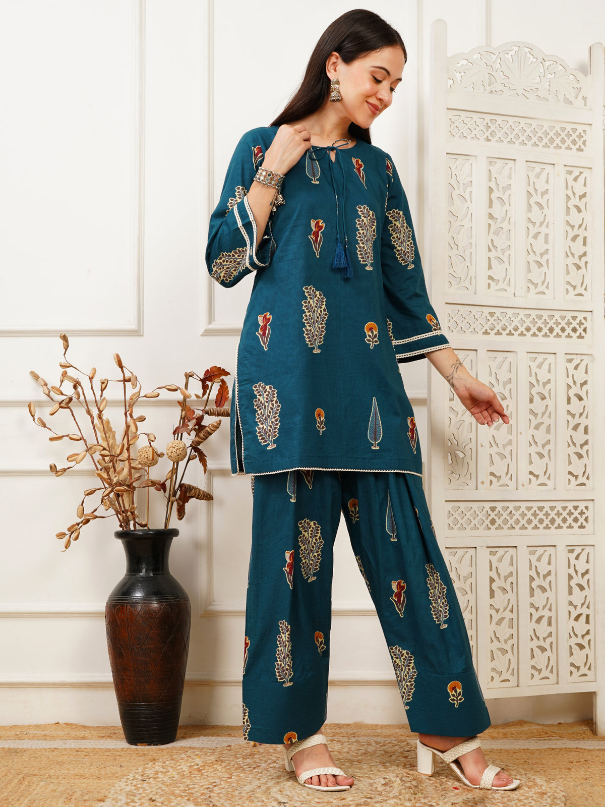 Aila Blue Handblock Farshi Co-ord Set