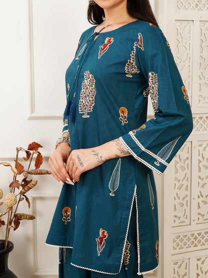 Aila Blue Handblock Farshi Co-ord Set