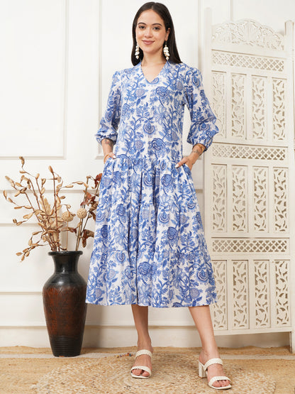 Aurora Blue Handblock Long Dress