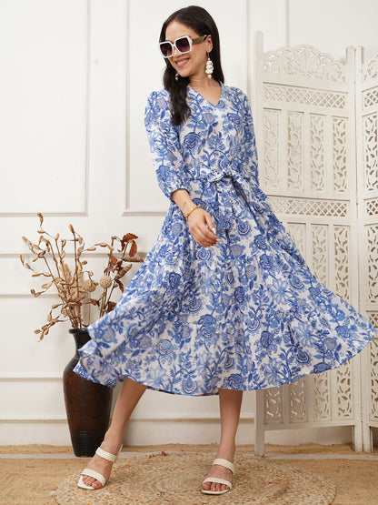 Aurora Blue Handblock Long Dress
