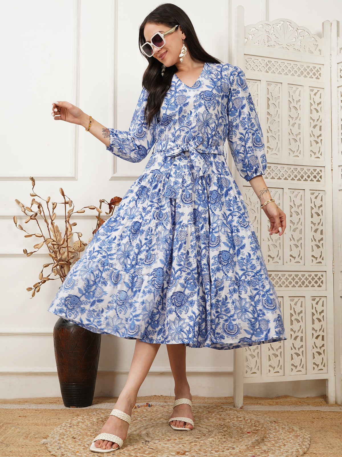 Aurora Blue Handblock Long Dress