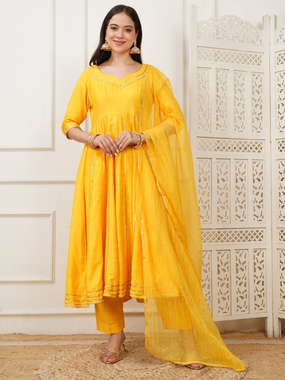 Mahira Yellow Handwoven Cotton Silk Anarkali Set