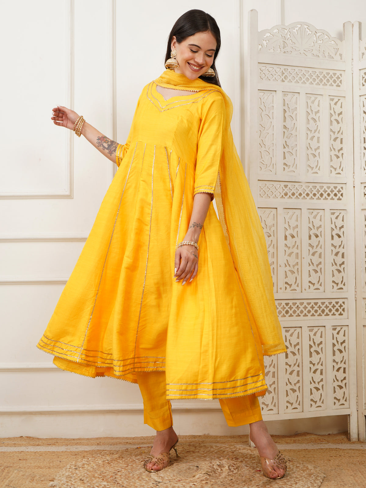 Mahira Yellow Handwoven Cotton Silk Anarkali Set