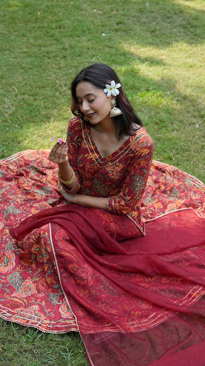 Meher Maroon Handblock Anarkali Set