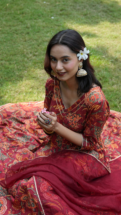 Meher Maroon Handblock Anarkali Set