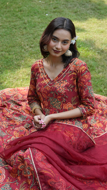 Meher Maroon Handblock Anarkali Set