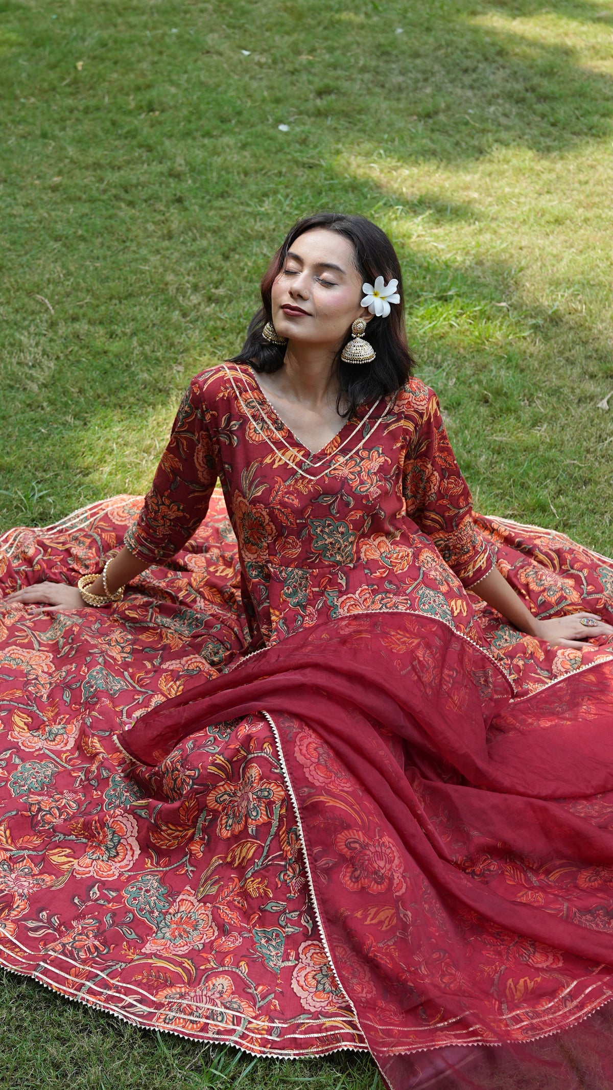 Meher Maroon Handblock Anarkali Set