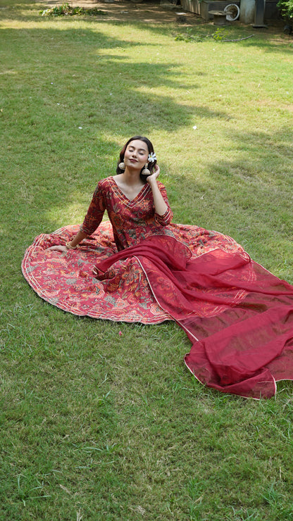 Meher Maroon Handblock Anarkali Set