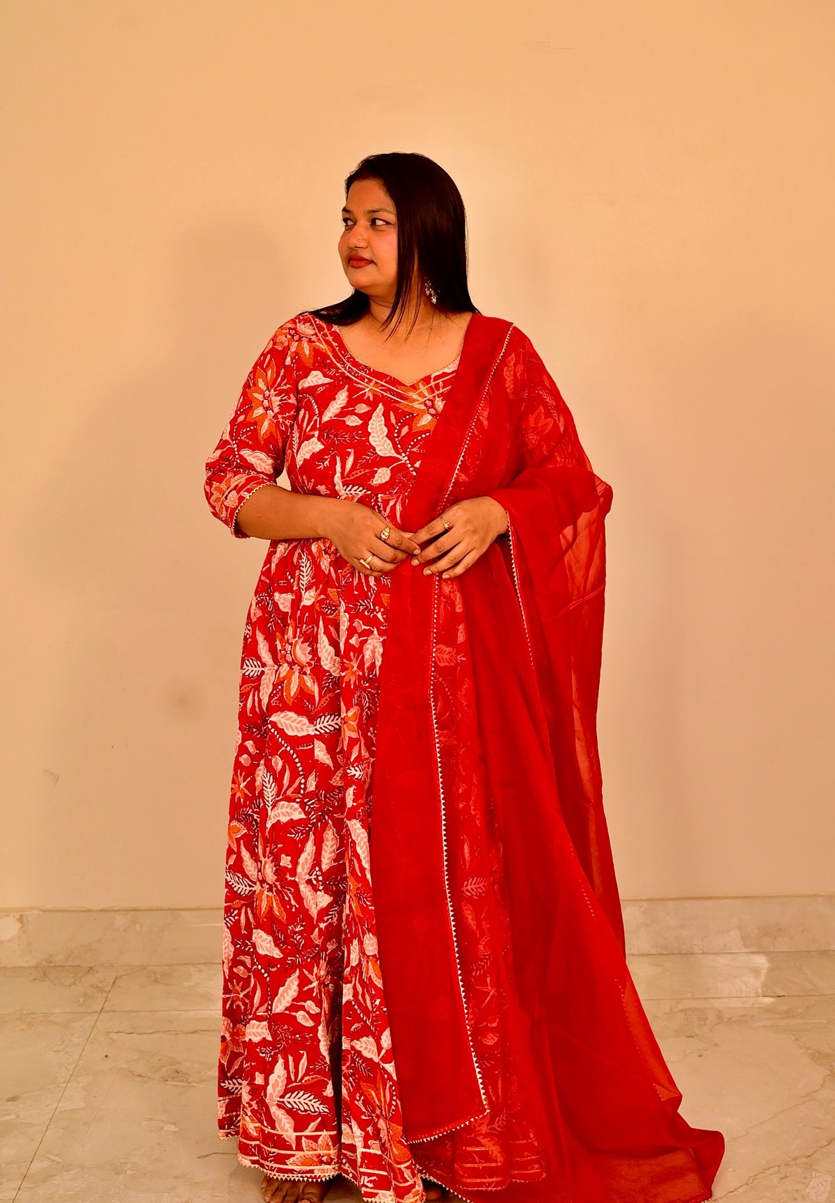 Gulnar Red Handblock Anarkali Set