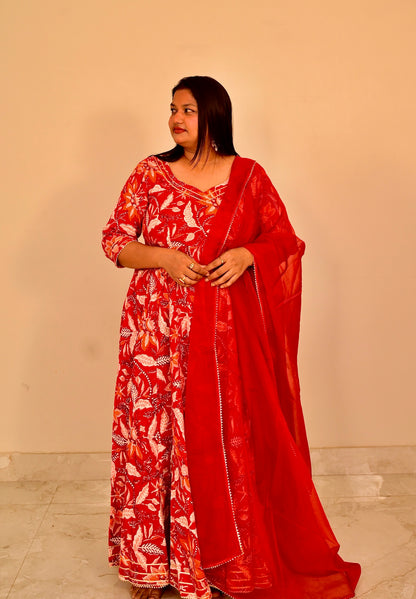 Gulnar Red Handblock Anarkali Set