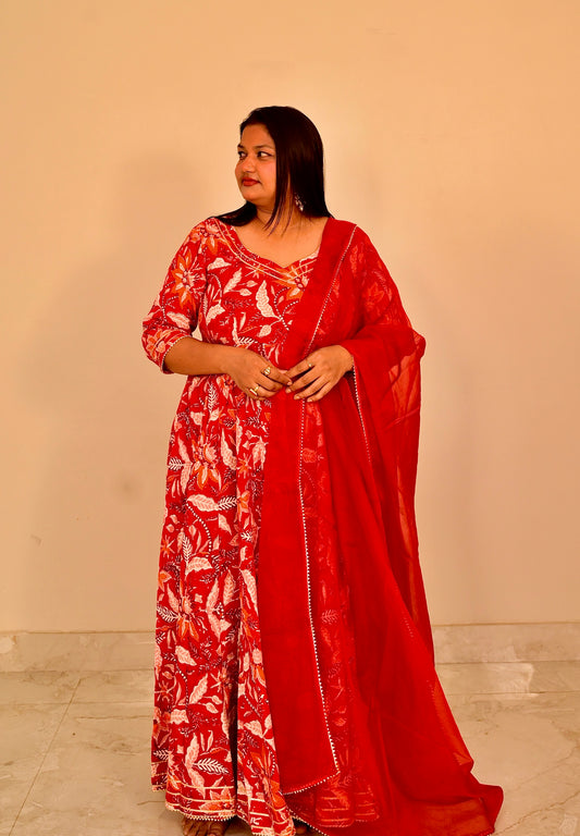 Gulnar Red Handblock Anarkali Set