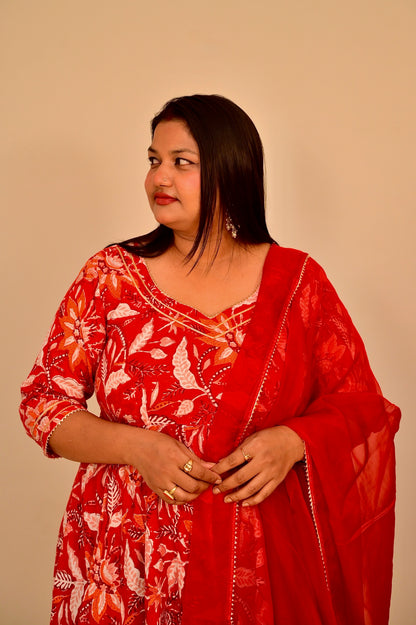 Gulnar Red Handblock Anarkali Set