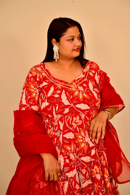 Gulnar Red Handblock Anarkali Set