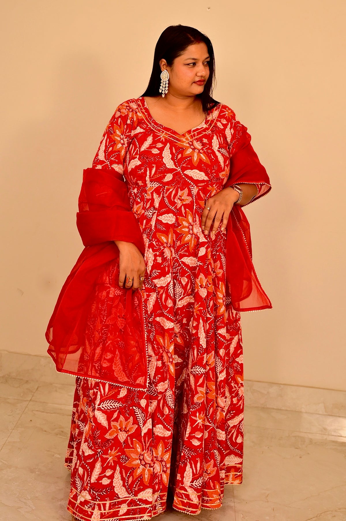 Gulnar Red Handblock Anarkali Set